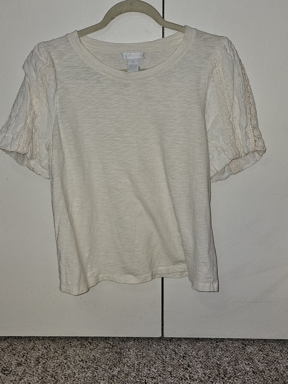 Design History Cream Lace Short Puffy Sleeve Tee Sz Med 100% Cotton